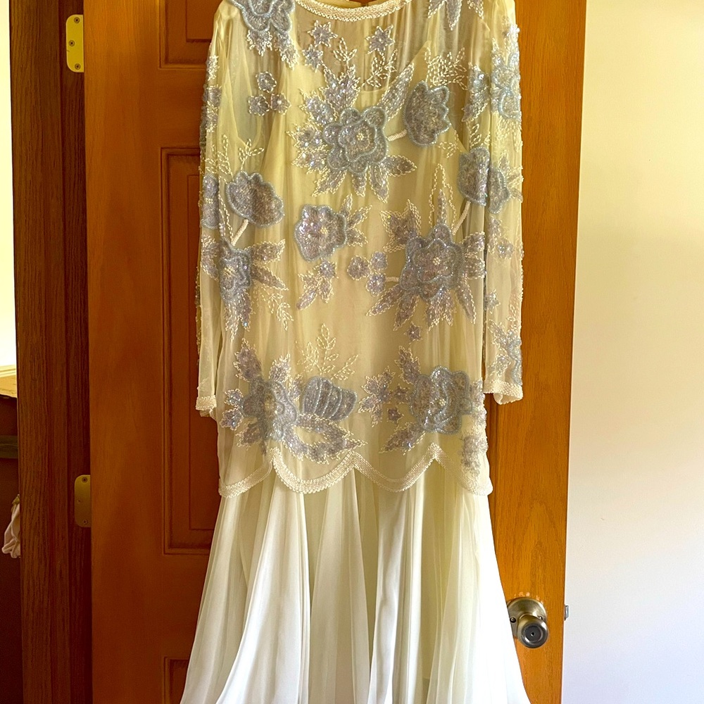 Beaded chiffon dress. Sheer chiffon under dress beaded top overlays dress